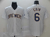 Brewers 6 Lorenzo Cain White Cool Base Jersey,baseball caps,new era cap wholesale,wholesale hats